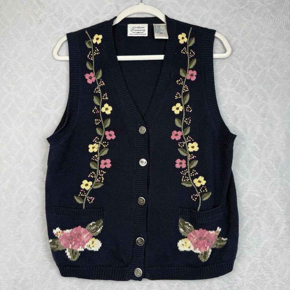 Vtg Embroidered Sweater Vest Womens S Blue Floral Embroidery Cottage Grandma 90s